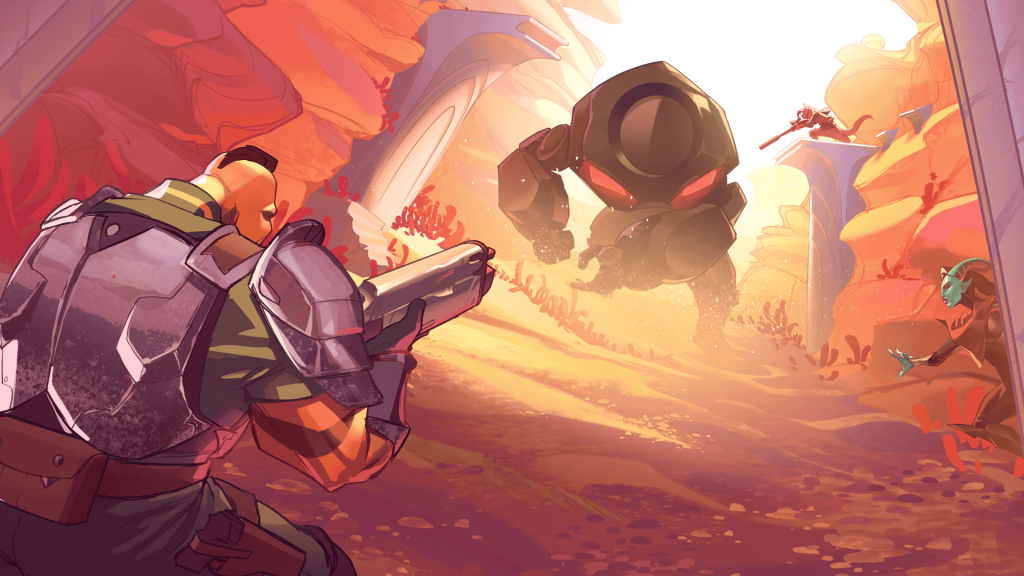 Vaunted art showing character aiming guns at a giant enemy