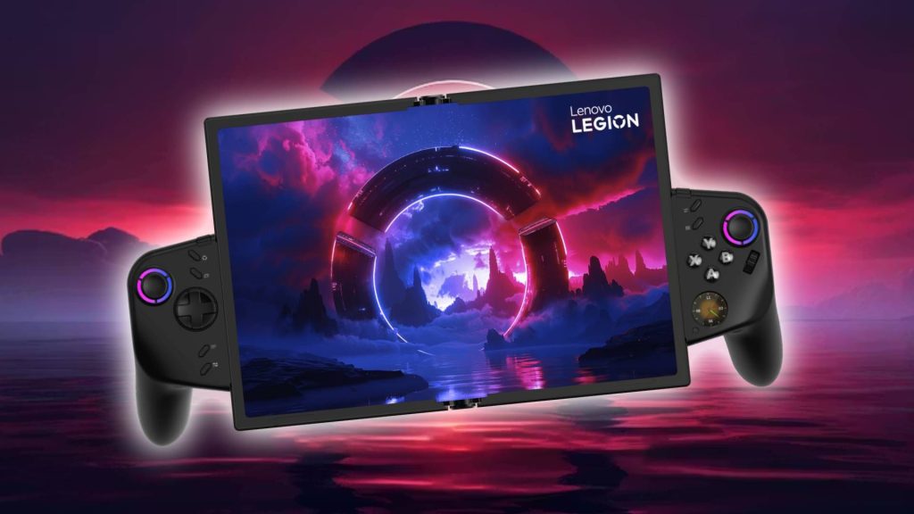 Lenovo just teased a big silly folding handheld concept, and it's far from the Steam Deck rival I keep begging for Lenovo Legion Go Fold concept handheld with red water backdrop and glowing outline.
