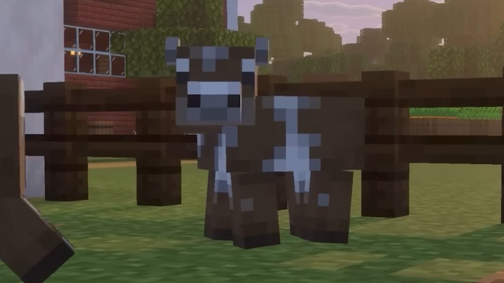 Pixelated cow looks toward camera in Minecraft