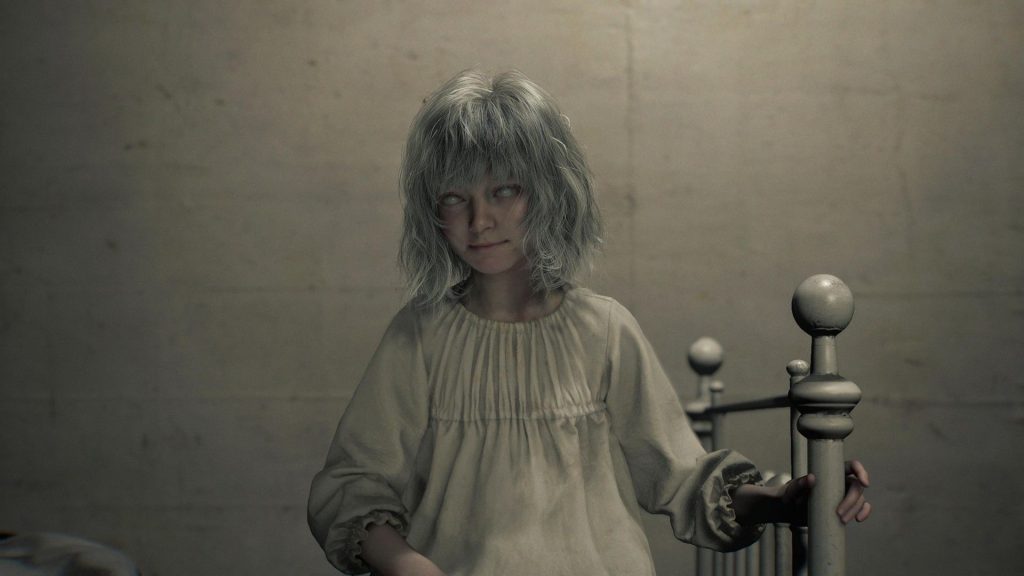 Emily, a blind girl with white hair and an old-fashioned white sleeping robe, sits on a bed in Resident Evil Requiem's care center