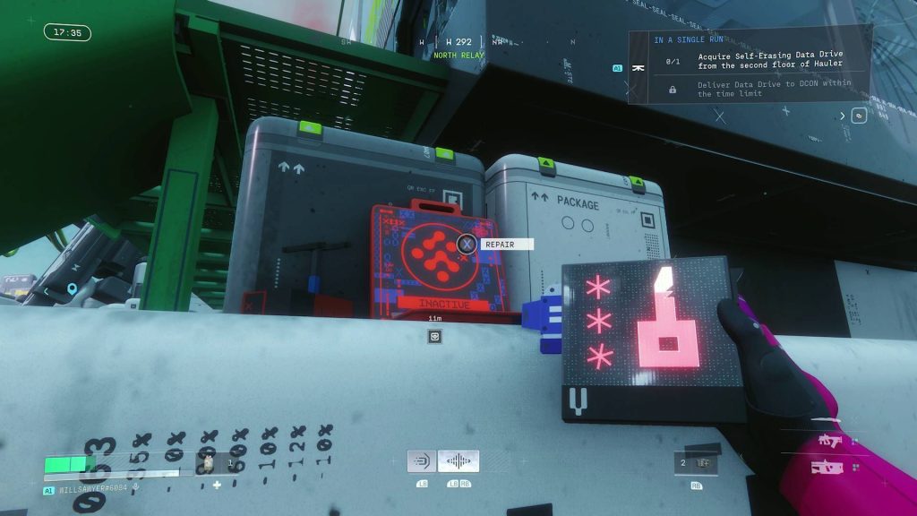 Marathon player using Hazard Override Card on red laptop for Tox Clear