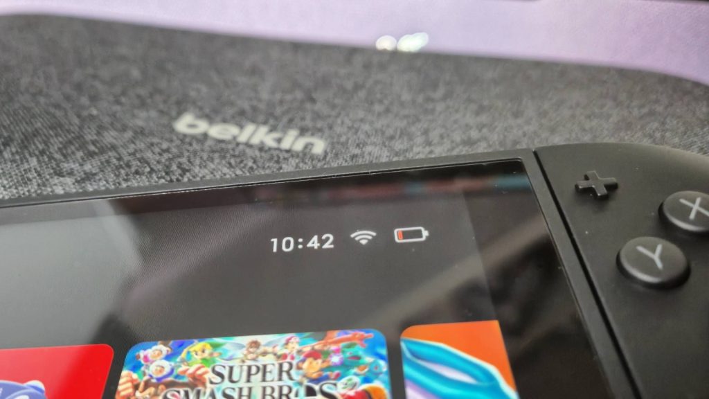 Photo by Rosalie Newcombe of the Nintendo switch 2 sitting on the Belkin Nintendo Switch 2 Case w/Integrated 10,000mAh Power Bank.