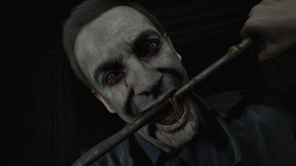 A zombie police officer bits a poker in Resident Evil Requiem