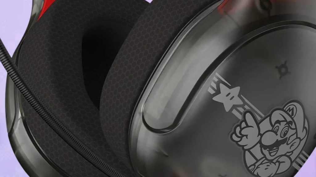 Close up of the Turtle Beach Mario Airlite Fit wired gaming headset earcup.