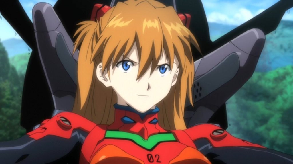 Asuka piloting the EVA-02 mech in the Evangelion Rebuild movie