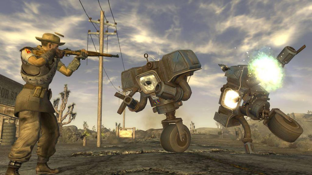 A player shooting at two robots during one of the best Steam Spring Sale games, Fallout: New Vegas