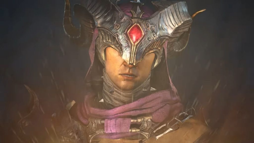 Diablo 4: Lord of Hatred launch trailer screenshot shows a character with a horned helmet.