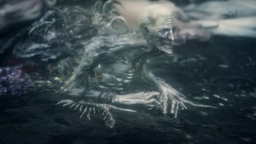 A screenshot of Orphan of Kos in its introductory cutscene in Bloodborne's The Old Hunters DLC.