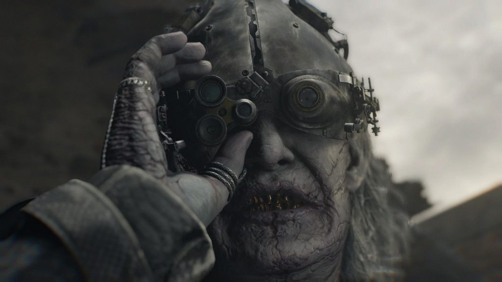 Dr Gideon adjusts his helmet and goggles in Resident Evil Requiem