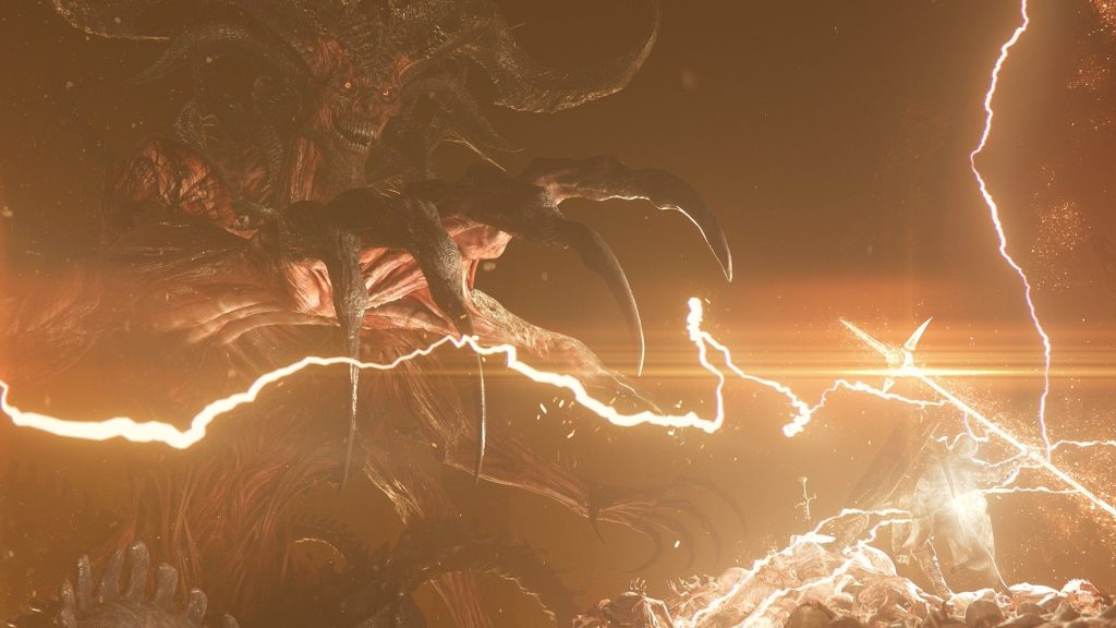 A screenshot from the Diablo 4: Lord of Hatred cinematic trailer, showing the massive demon Mephisto reaching a huge claw out towards a Paladin, whose spear crackles with lightning energy