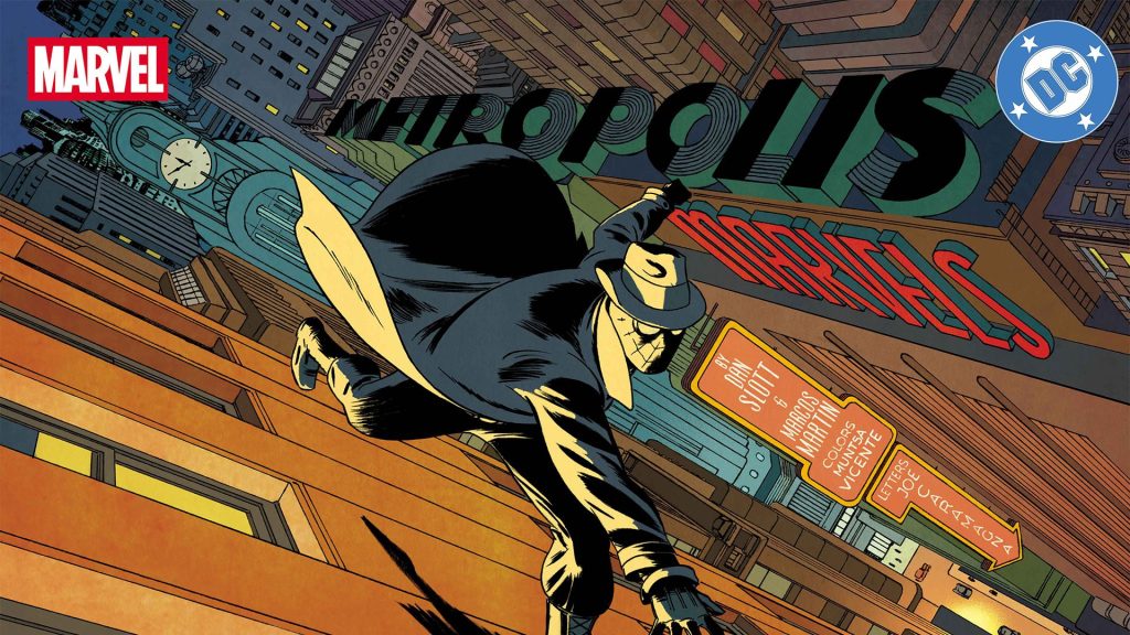 Spider-Noir swinging through Golden Age Metropolis and crashing in on Lex Luthor