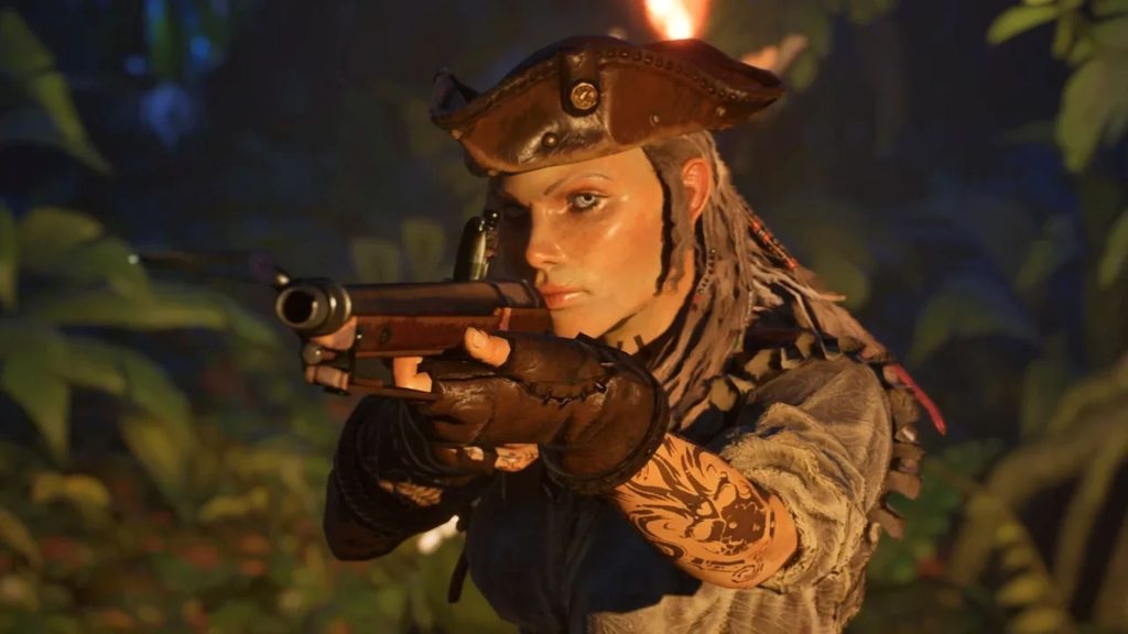 Open-world pirate survival game Windrose launches to 69,000 Steam players and 88% positive reviews: "Scratches that Black Flag itch in the best way" Screenshot from Windrose, showing a pirate aiming down the sights of her rifle while standing in front of tropical trees.