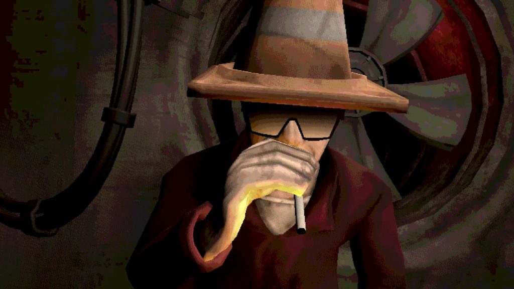 Man wearing traffic cone as a hat smokes cigarette