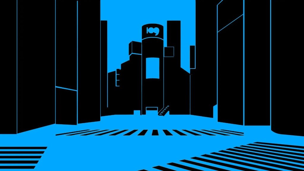 A black and blue image shows a stylized version of Tokyo's Shibuya crossing