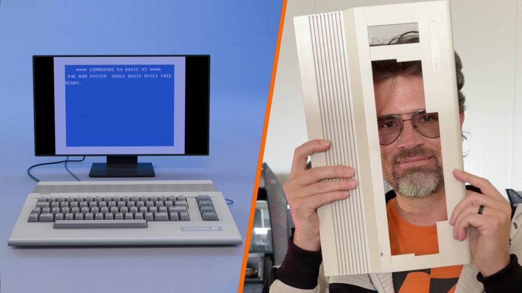New C64C Ultimate on left connected to monitor and Peri Fractic on right holding injection molded casing.