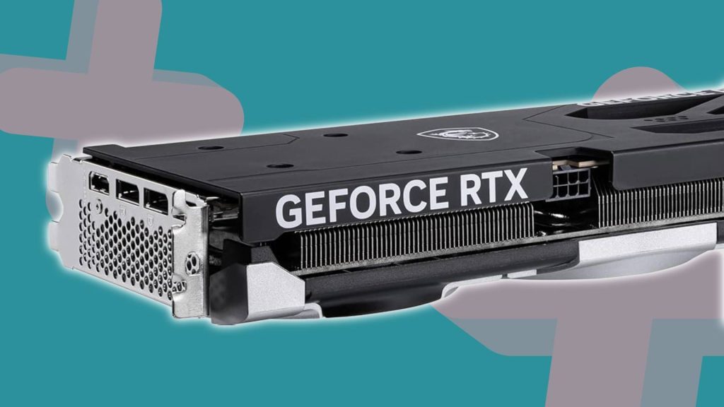Close up of Nvidia GeForce RTX 5060 Ti with teal backdrop and GamesRadar+ symbols.