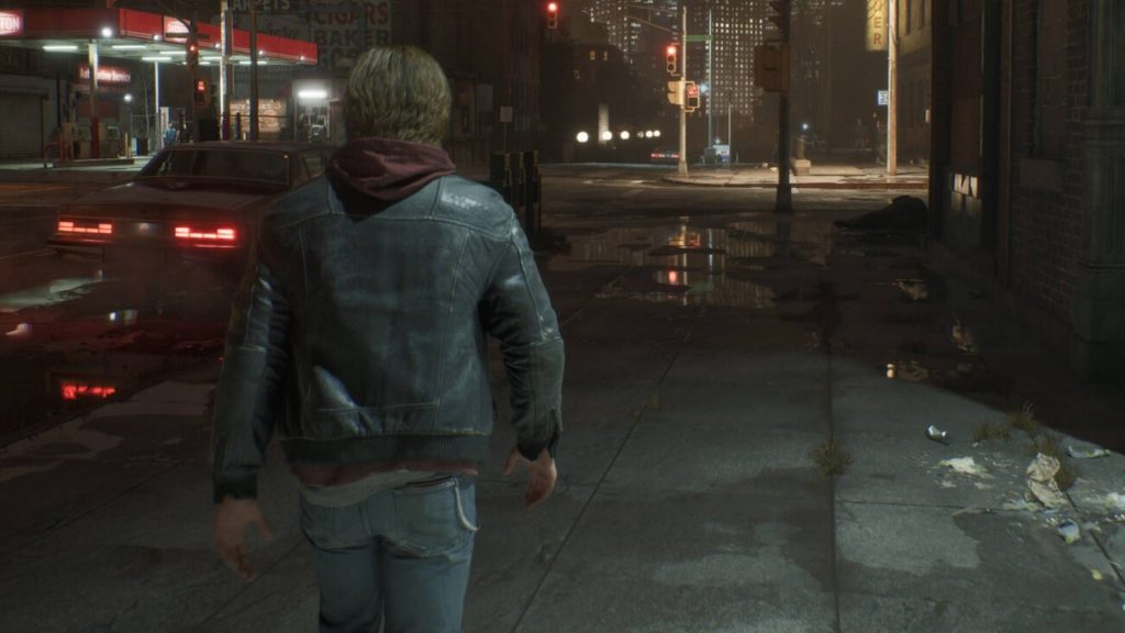 A zoomed-in screenshot from Samson, showing a man walking along a city street at night.