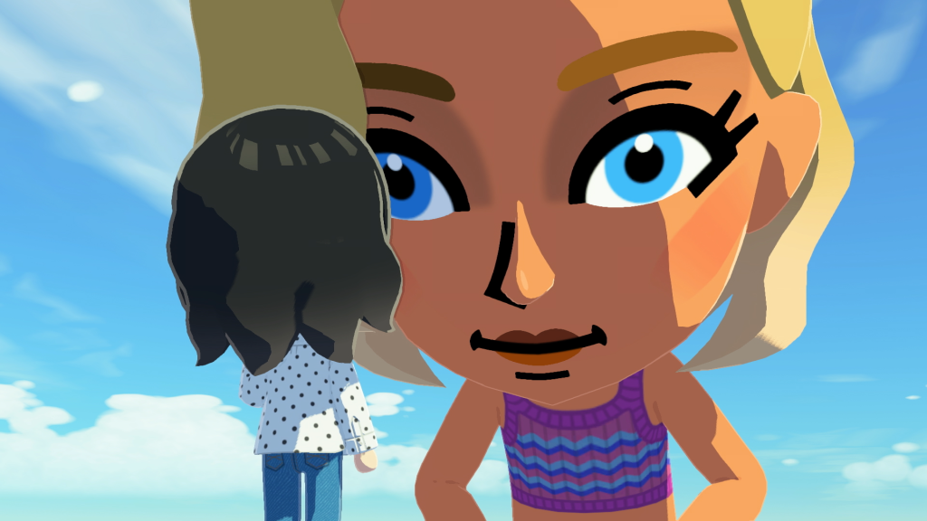 Tomodachi Life living the dream screenshot showing a giant woman looking at a smaller woman