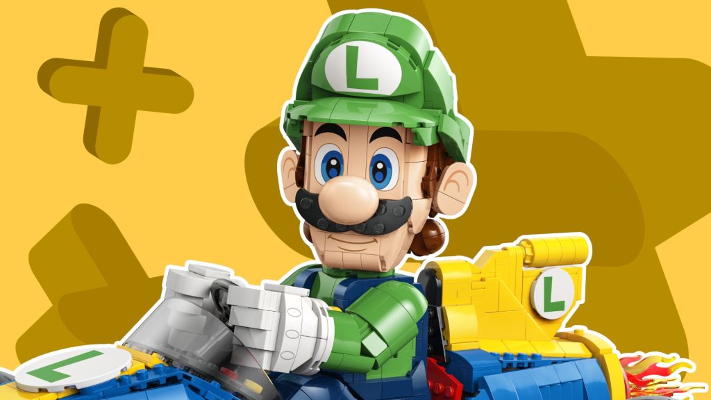 Lego Luigi model against a yellow background