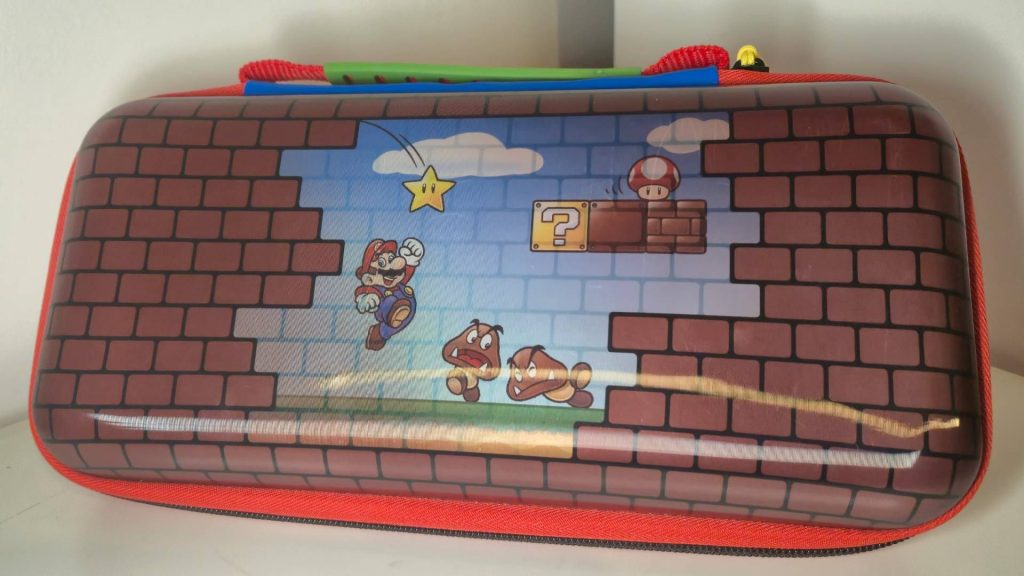 Photo of the Mario Bricks PlayTrek Switch 2 case sitting on a white desk.
