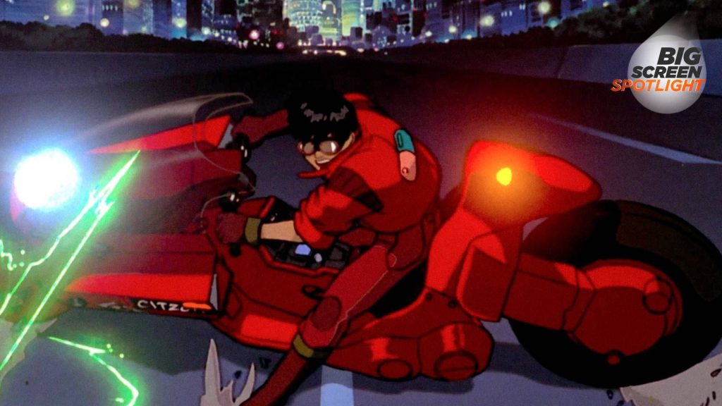 A man on a red motorbike during one of the best sci-fi movies ever made, Akira, with a Big Screen Spotlight logo in the top corner