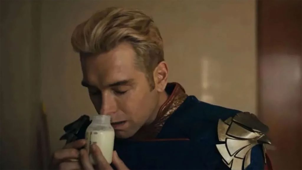 The Boys Homelander actor Antony Starr says fans constantly offer him milk: "It's the best joke they can think of" Homelander hungrily smelling a jar of breast milk