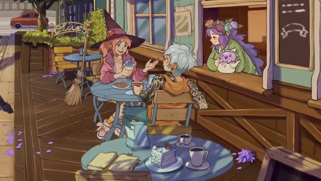 Witchbrook's taken 10 years because "Harry Potter meets Stardew Valley" got old and the devs wanted time to make "something more unique" Witchbrook trailer screenshot of people chatting at a cafe