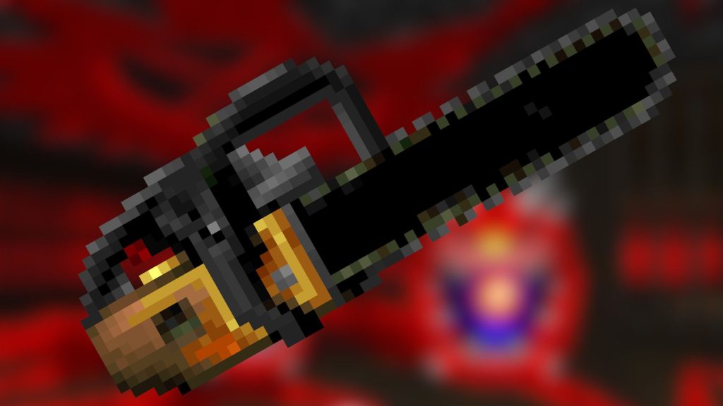 Doom's chainsaw in front of a blurred background