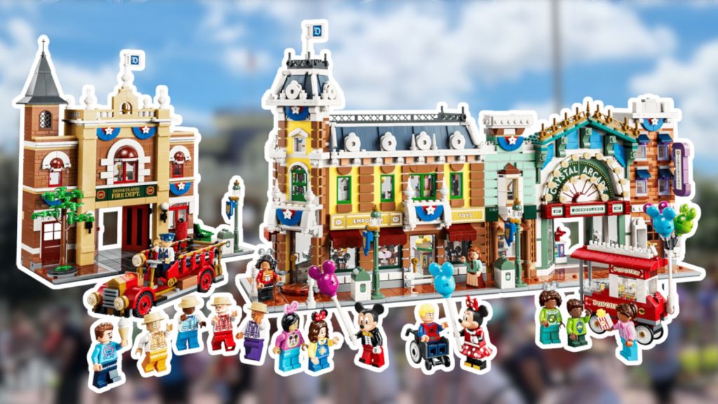 Lego Main Street USA outlined in white against a blurred shot of the real Main Street USA