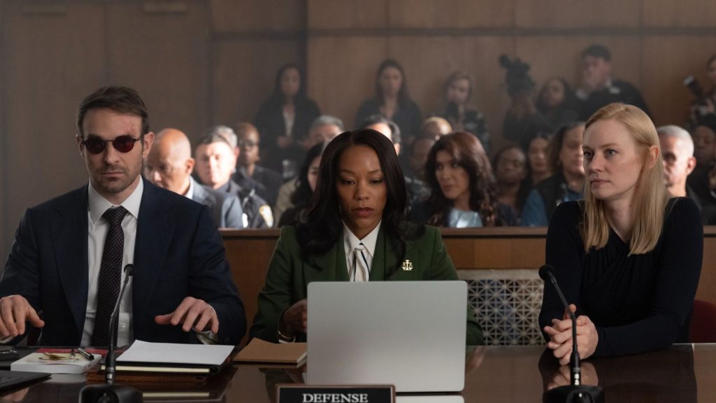 Daredevil: Born Again season 2 ending explained: what happens to Daredevil and Kingpin? Are the Defenders coming back? Charlie Cox, Nikki M. James, and Deborah Ann Woll as Matt Murdock, Kirsten McDuffie, and Karen Page in Daredevil: Born Again season 2