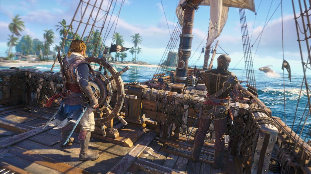 Edward steers the Jackdaw through bright blue waters in Assassin's Creed Black Flag Resynced