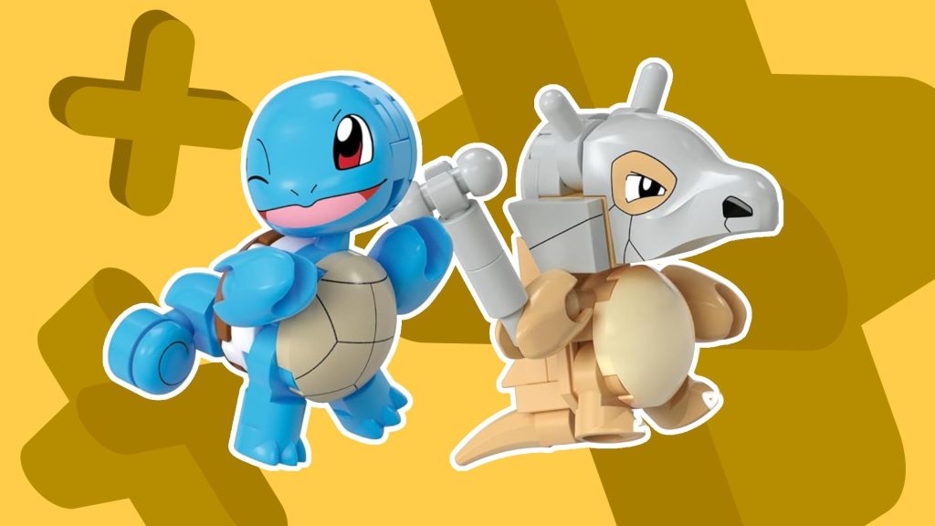 Mega Squirtle and Cubone against a yellow background with plusses