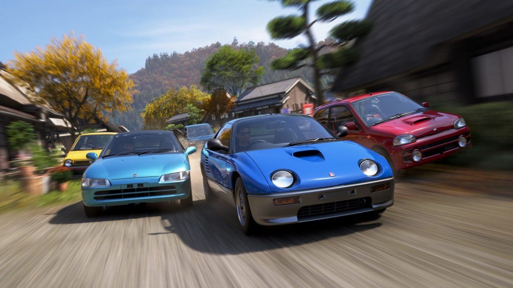 Four cars vie for position in a rural Japanese town in Forza Horizon 6