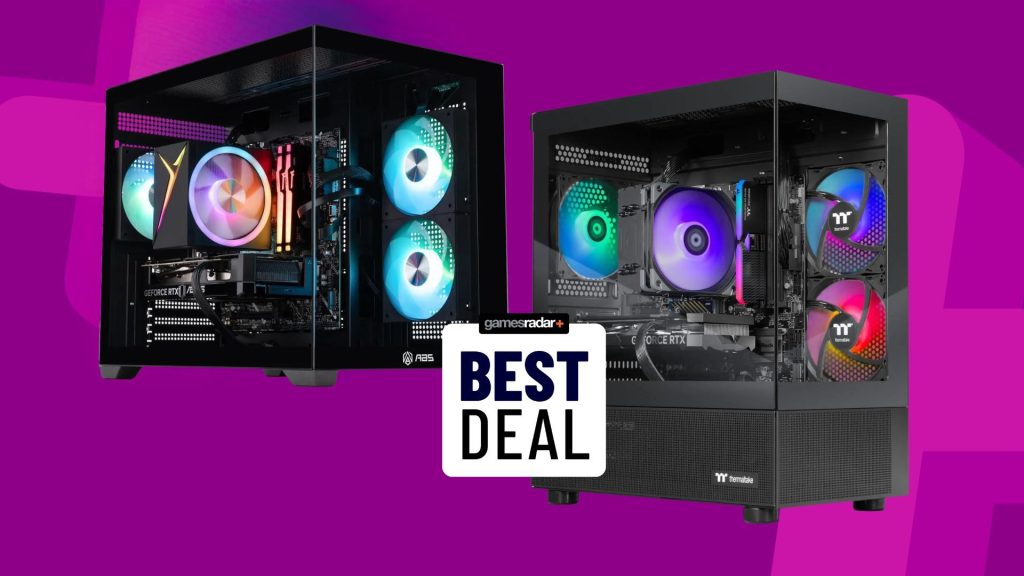 Two DDR5 gaming PCs on a pink background with a GamesRadar+ Best deal stamp in front of them