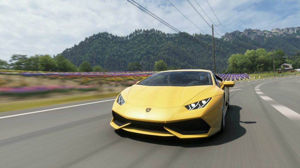 Forza Horizon 6 lamborghini huracan driving past fields of colorful flowers