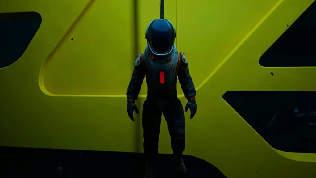 A Subnautica 2 player comes across another player in front of a yellow door