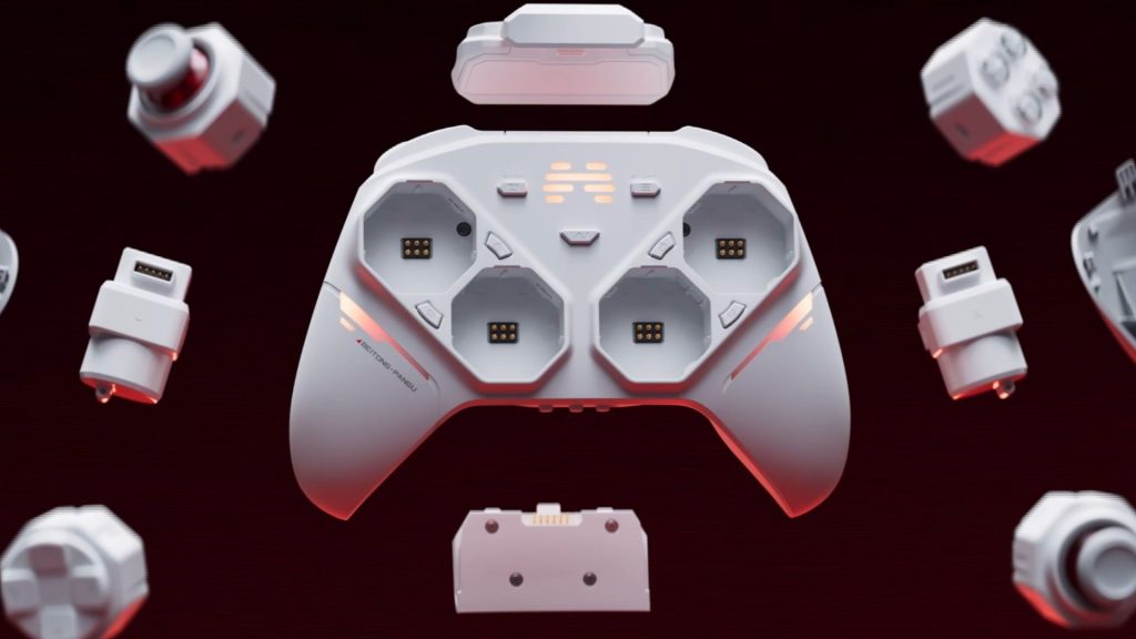 This modular controller is being called "Lego for gamers" with total freedom over seven layout parts Beitong Pangu controller surrounded by modular component options on a dark red background