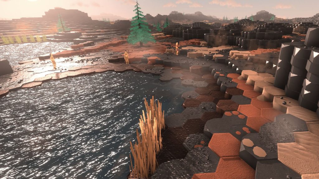 A sunset over a landscape made up of hexagon tiles