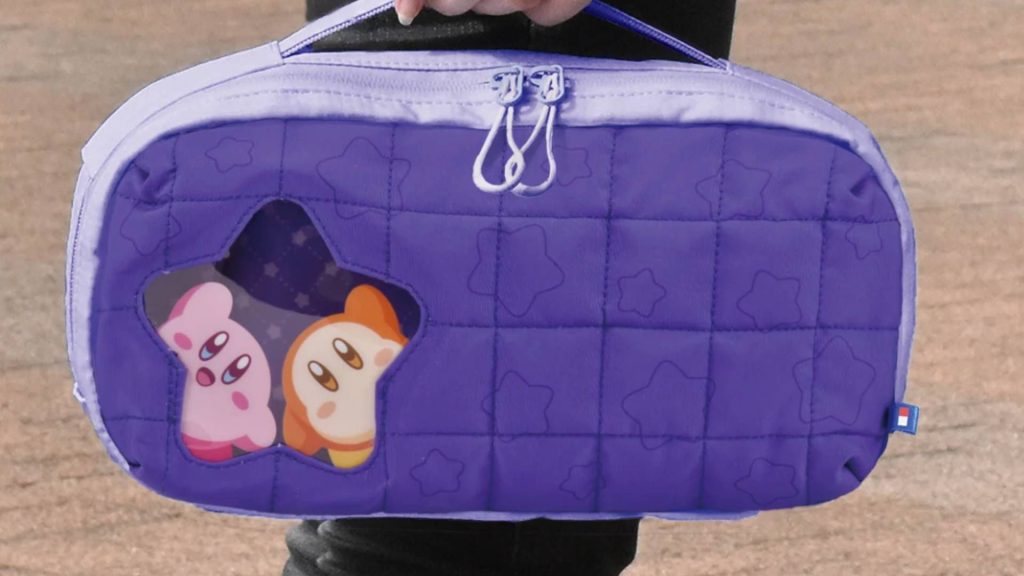 Official marketing photo showing someone holding a Hori Kirby and Waddle Dee Switch 2 case.