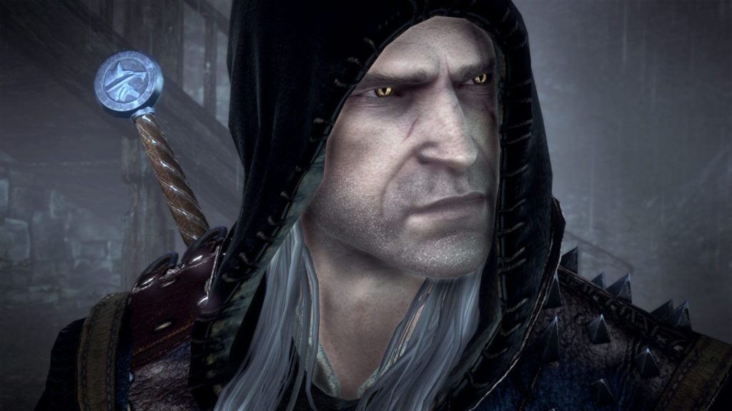 Geralt of Rivia, who has white hair, a facial scar, and a wears a hood, in The Witcher 2: Assassin of Kings Enchanced Edition