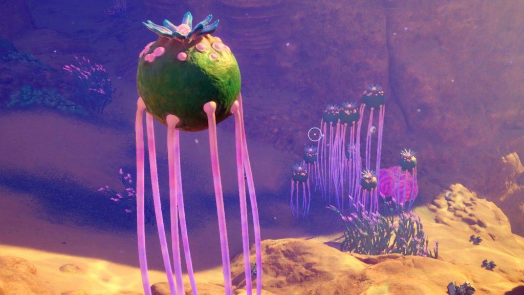 A cluster of stilt orbs with Necrolei Cysts atop them in Subnautica 2