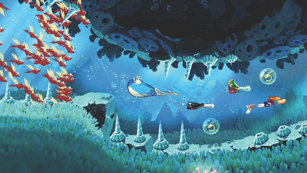 Rayman in an underwater level during one of the best Wii games of all time, Rayman Origins