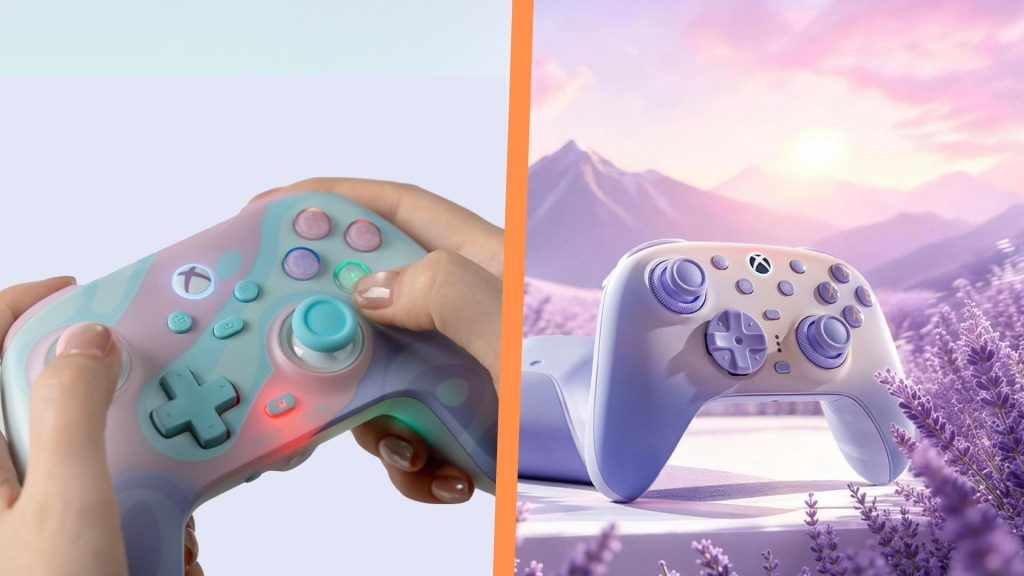 It's Sugar Whirl vs Lavender Dusk: GameSir and 8BitDo go head-to-head with colorful new Xbox controllers – but which is right for you? A side-by-side image of the 8BitDo Ultimate 3 and the GameSir T7 Pro