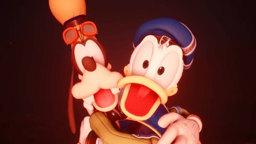 Goofy and Donald Duck hug each other in terror in the Kingdom Hearts 4 reveal trailer.