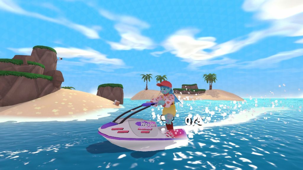 A blue-skinned girl in a hat and oversized clothes jetskis around a few small islands with the blue sky shining above, in a screenshot from Bobo Bay.