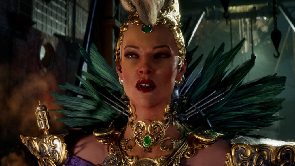 A woman adorned in gold jewels and an extravagant, feathery headpiece delivers a speech during a trailer for Clockwork Revolution.