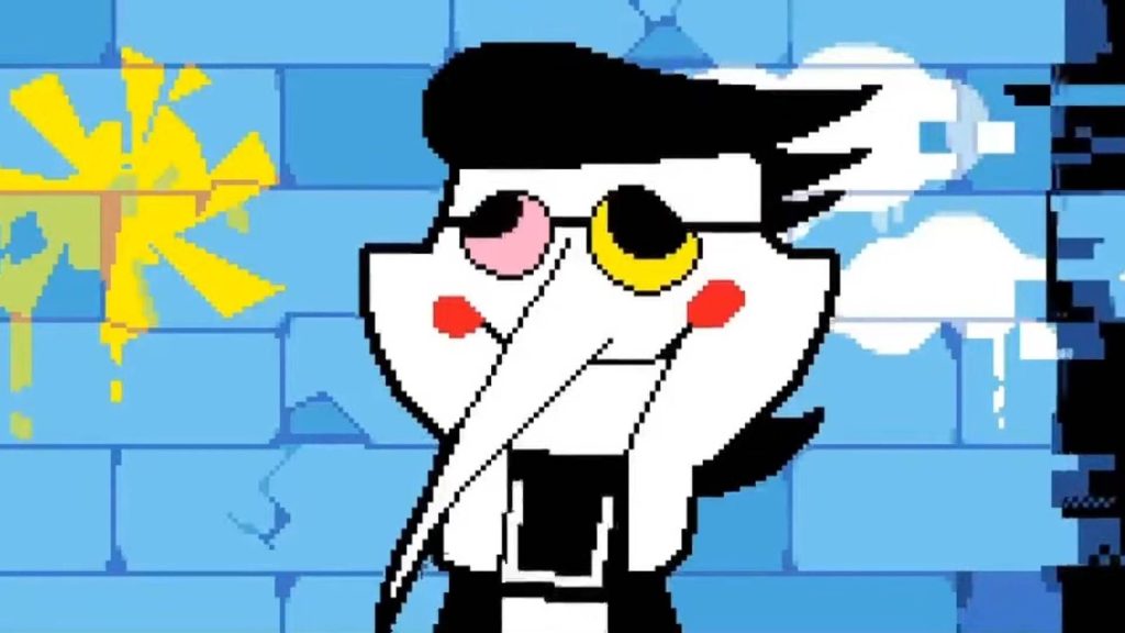 A screenshot from Deltarune Chapter 2, showing Spamton smiling in his shop.