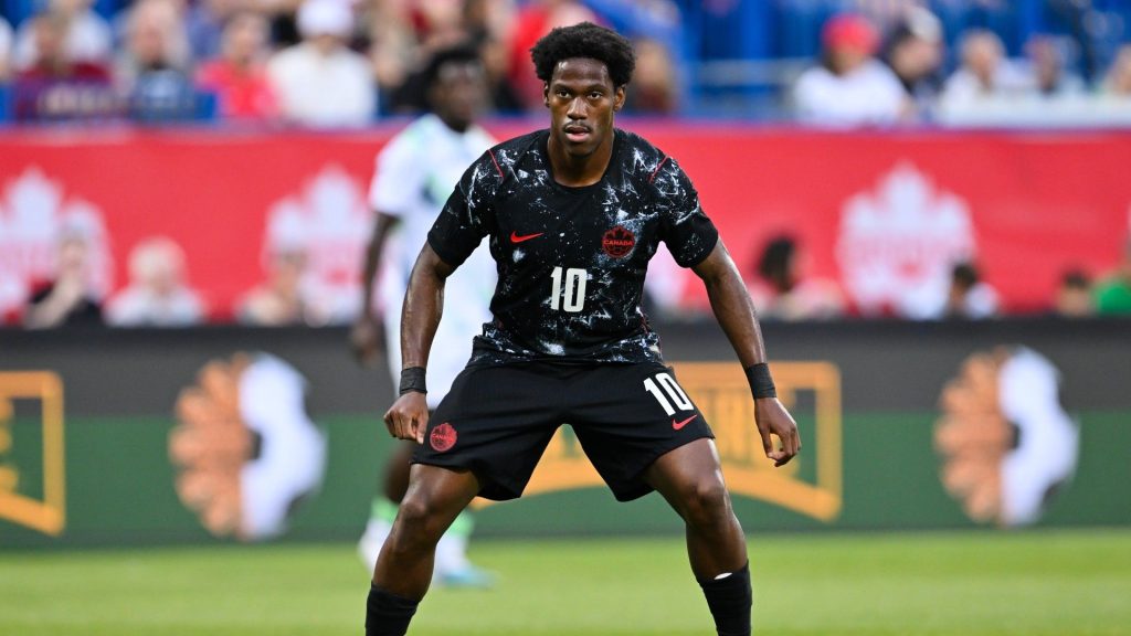 Jonathan David #10 of Canada runs the pitch in the first half during the international friendly match of the World Cup 2026