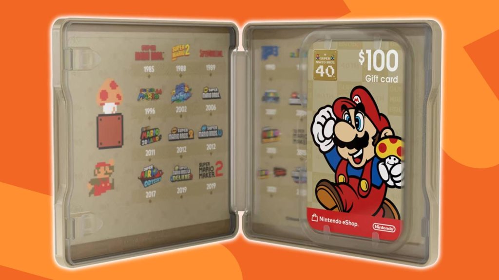 Image of the Super Mario Bros. 40th Anniversary $100 Nintendo eShop Gift Card case with an orange GamesRadar+ background.