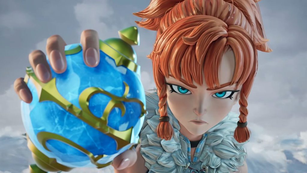 Palworld 1.0 cinematic trailer screenshot shows a woman with red hair holding a Pal Sphere.